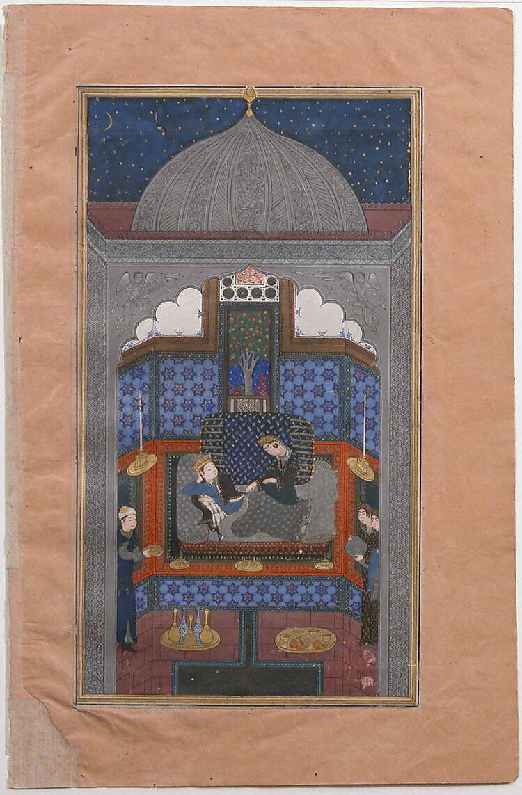 "Bahram Gur and the Indian Princess in the Dark Palace on Saturday", Folio 23v from a Haft Paikar (Seven Portraits) of the Khamsa (Quintet) of Nizami of Ganja, Nizami (present-day Azerbaijan, Ganja 1141–1209 Ganja), Ink, opaque watercolor, and gold on paper