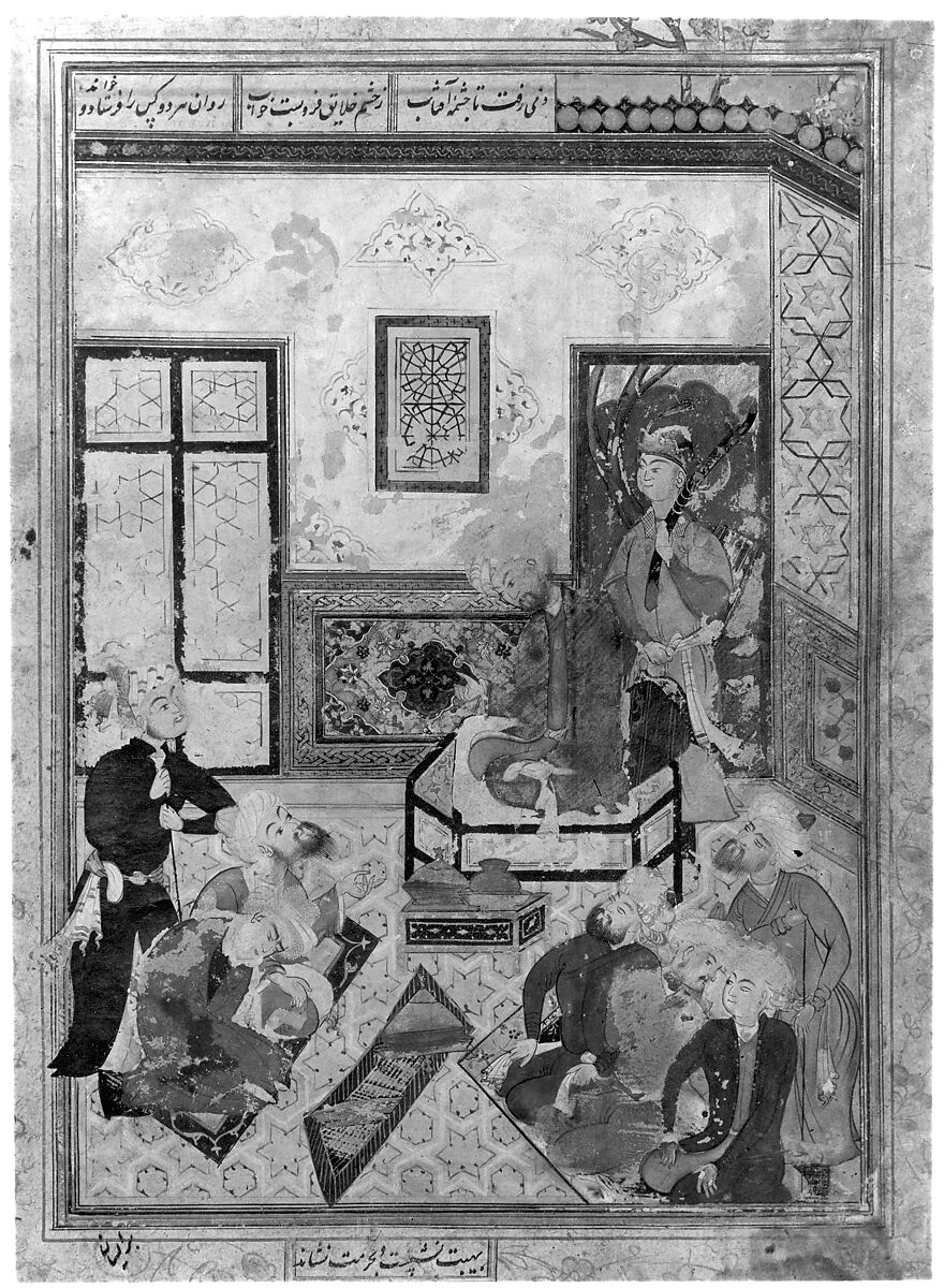 "Bahram Gur and the Indian Princess in the Dark Palace on Saturday", Folio 23v from a Haft Paikar (Seven Portraits) of the Khamsa (Quintet) of Nizami of Ganja, Nizami (present-day Azerbaijan, Ganja 1141–1209 Ganja), Ink, opaque watercolor, and gold on paper