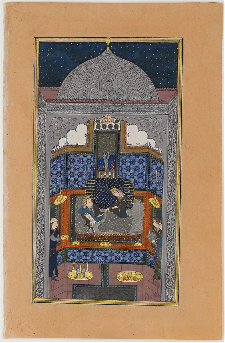 "Bahram Gur and the Indian Princess in the Dark Palace on Saturday", Folio 23v from a Haft Paikar (Seven Portraits) of the Khamsa (Quintet) of Nizami of Ganja, Nizami (present-day Azerbaijan, Ganja 1141–1209 Ganja), Ink, opaque watercolor, and gold on paper 