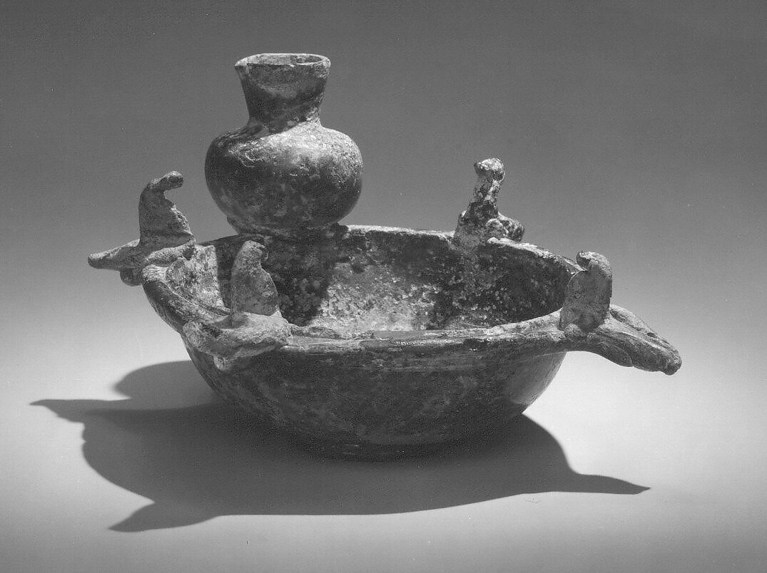 Bowl, Glass, yellowish; blown, applied disk foot, applied rim, blown applied decoration, applied blue decoration