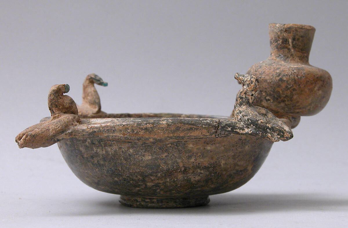 Bowl, Glass, yellowish; blown, applied disk foot, applied rim, blown applied decoration, applied blue decoration