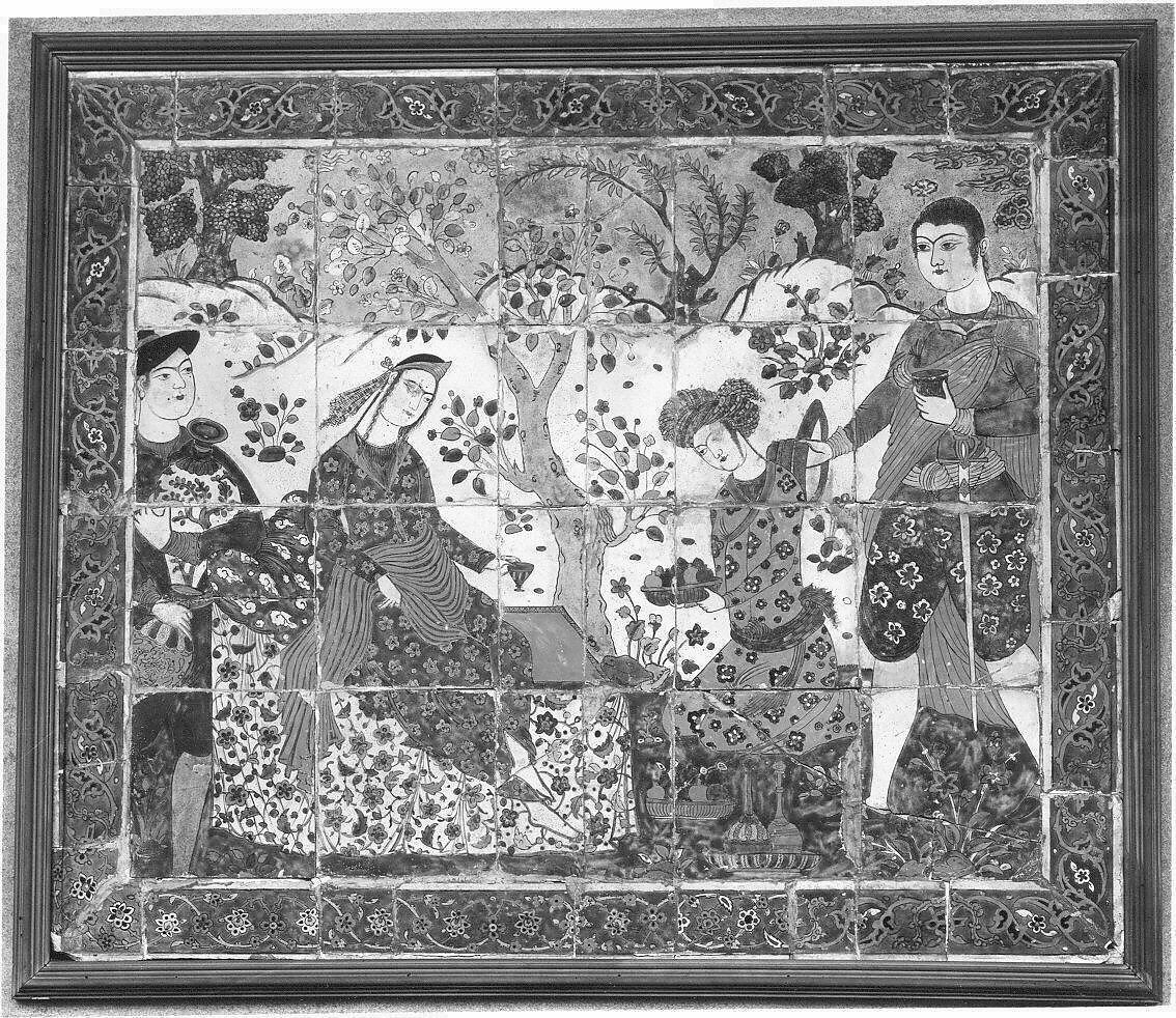 Reciting Poetry in a Garden, Stonepaste; polychrome glaze within black wax resist outlines (cuerda seca technique)