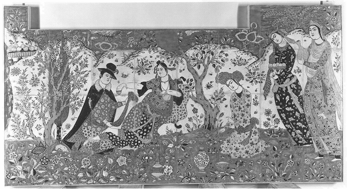 Reciting Poetry in a Garden, Stonepaste; polychrome glaze within black wax resist outlines (cuerda seca technique)