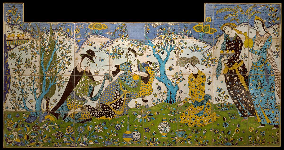 Garden Gathering, Stonepaste; painted and polychrome glazed (cuerda seca technique)