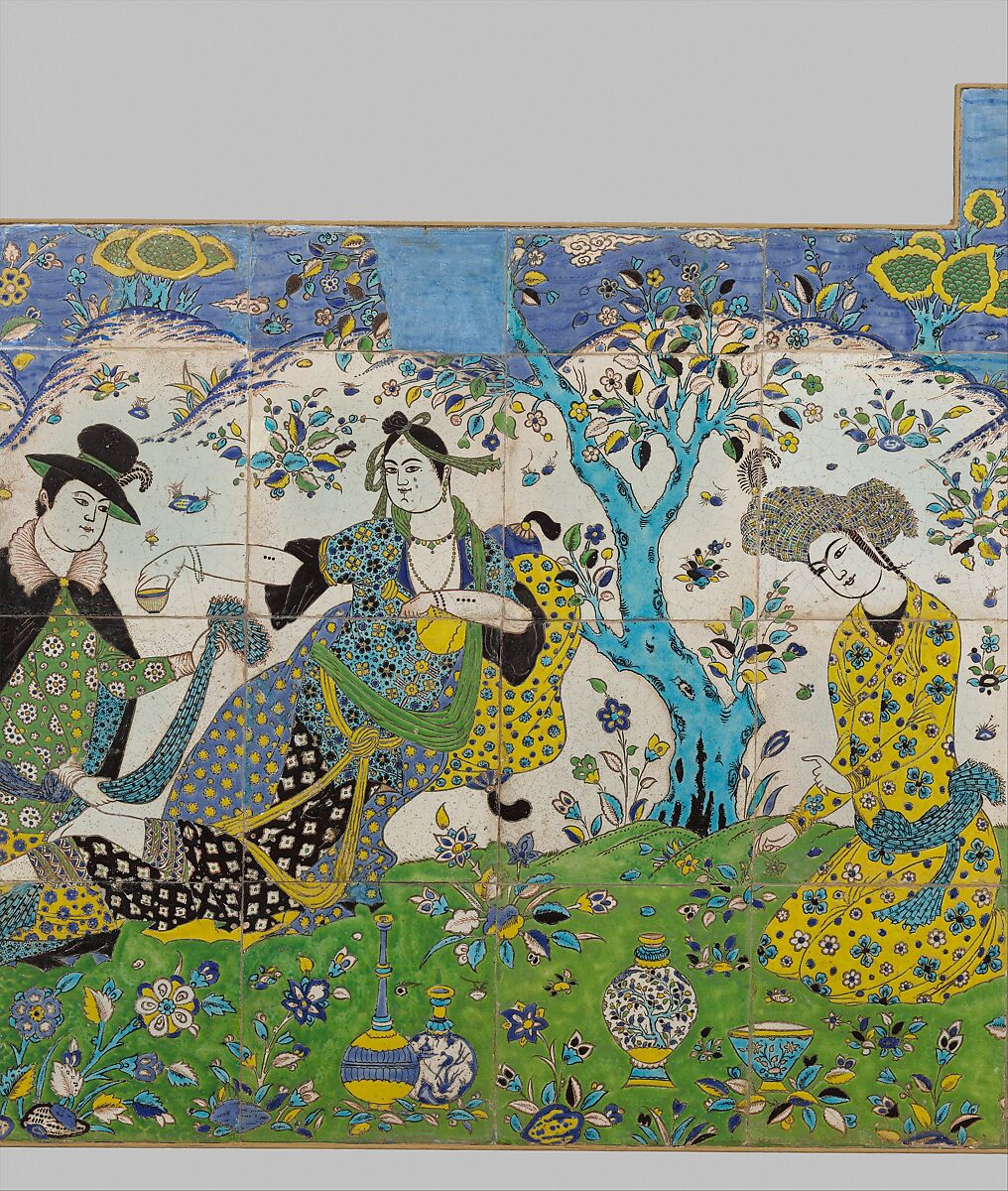 Garden Gathering, Stonepaste; painted and polychrome glazed (cuerda seca technique)