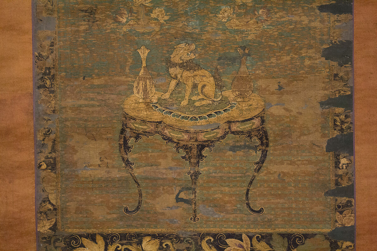 Amida Triad in the Form of Sacred Sanskrit Syllables, Hanging scroll; silk embroidery, gold-wrapped thread, and human hair, Japan