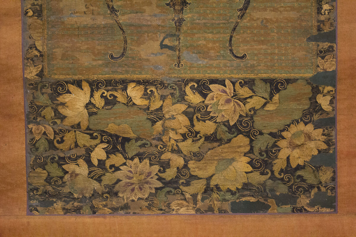 Amida Triad in the Form of Sacred Sanskrit Syllables, Hanging scroll; silk embroidery, gold-wrapped thread, and human hair, Japan