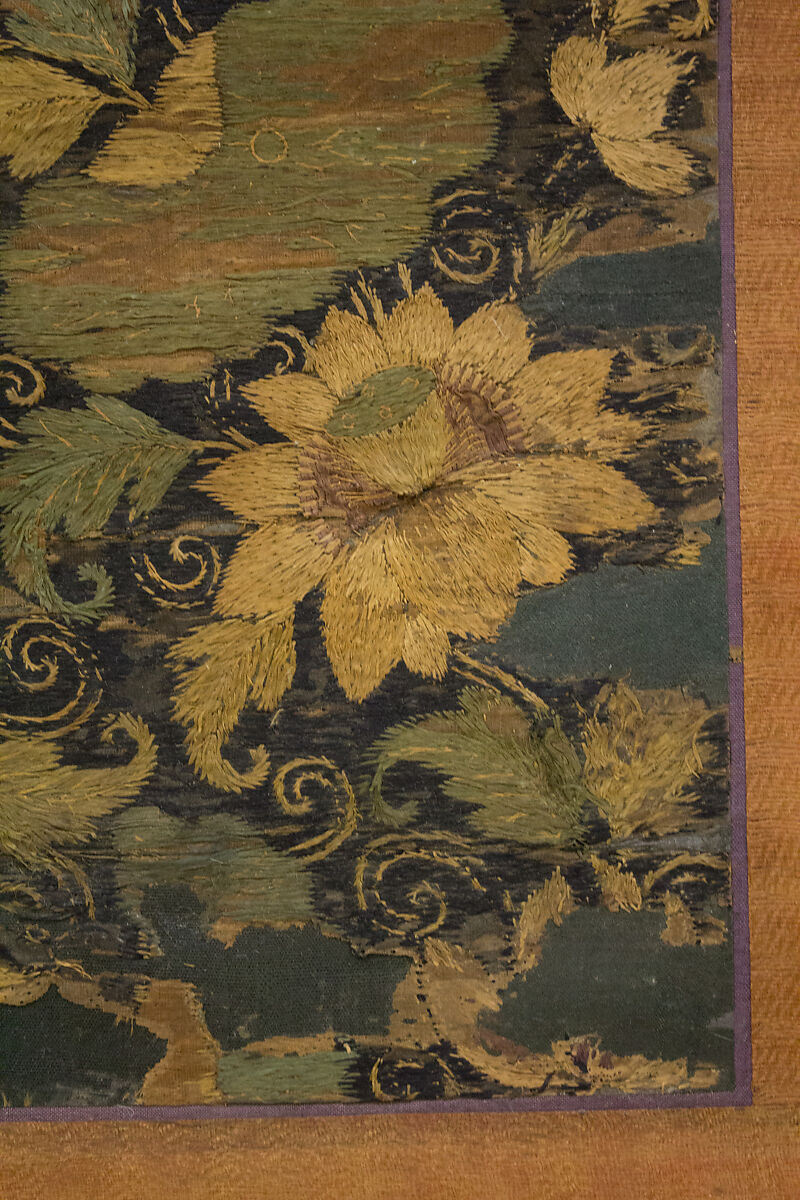 Amida Triad in the Form of Sacred Sanskrit Syllables, Hanging scroll; silk embroidery, gold-wrapped thread, and human hair, Japan