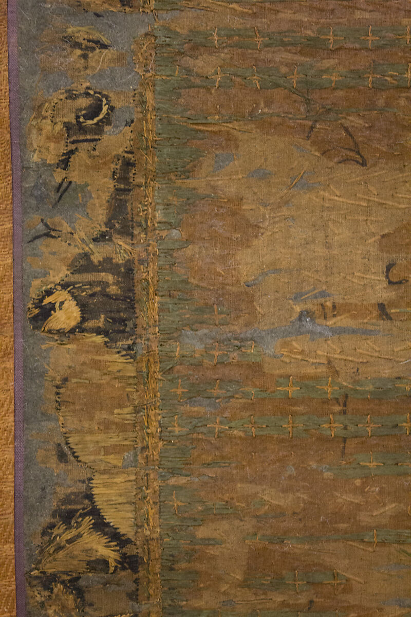 Amida Triad in the Form of Sacred Sanskrit Syllables, Hanging scroll; silk embroidery, gold-wrapped thread, and human hair, Japan