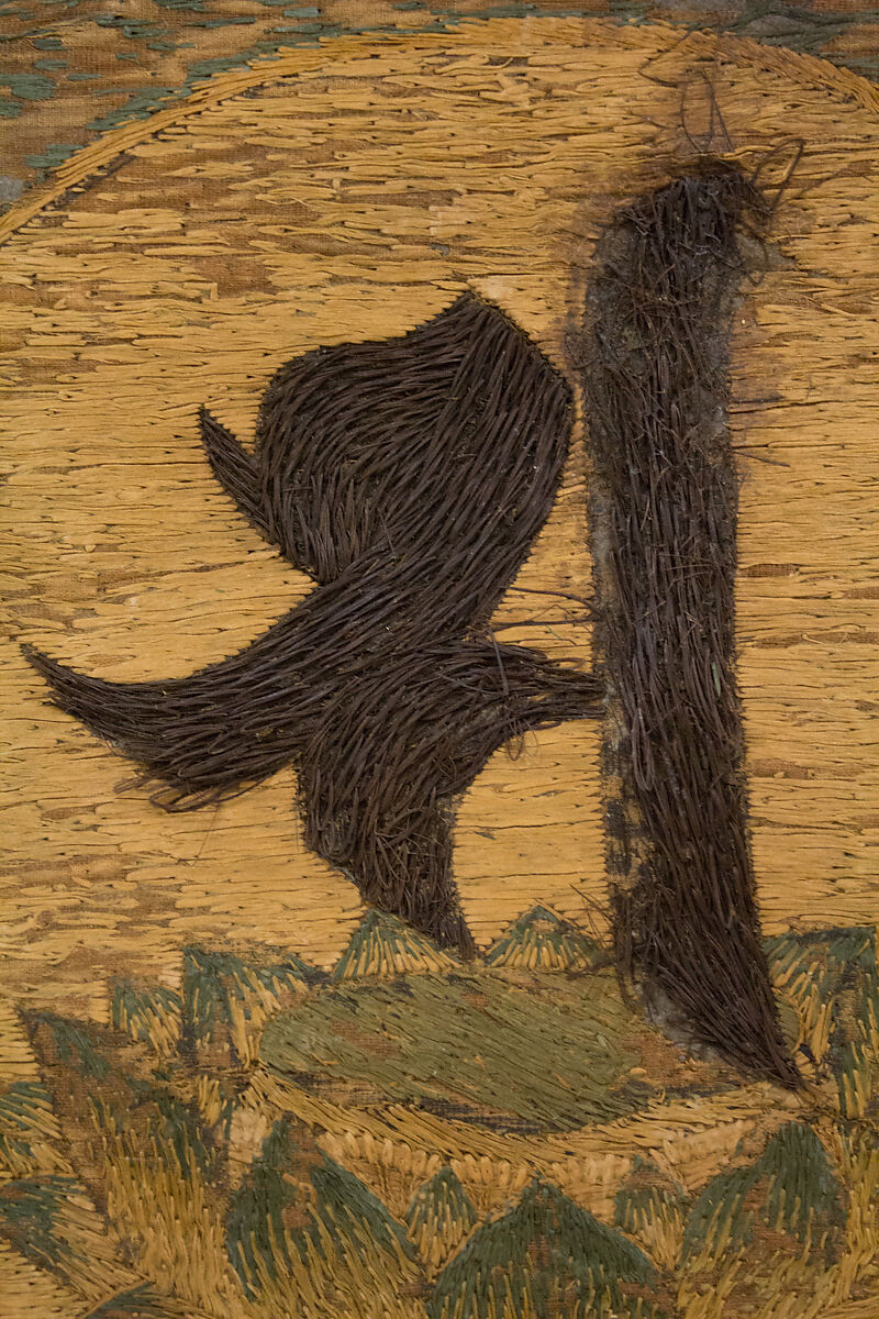 Amida Triad in the Form of Sacred Sanskrit Syllables, Hanging scroll; silk embroidery, gold-wrapped thread, and human hair, Japan