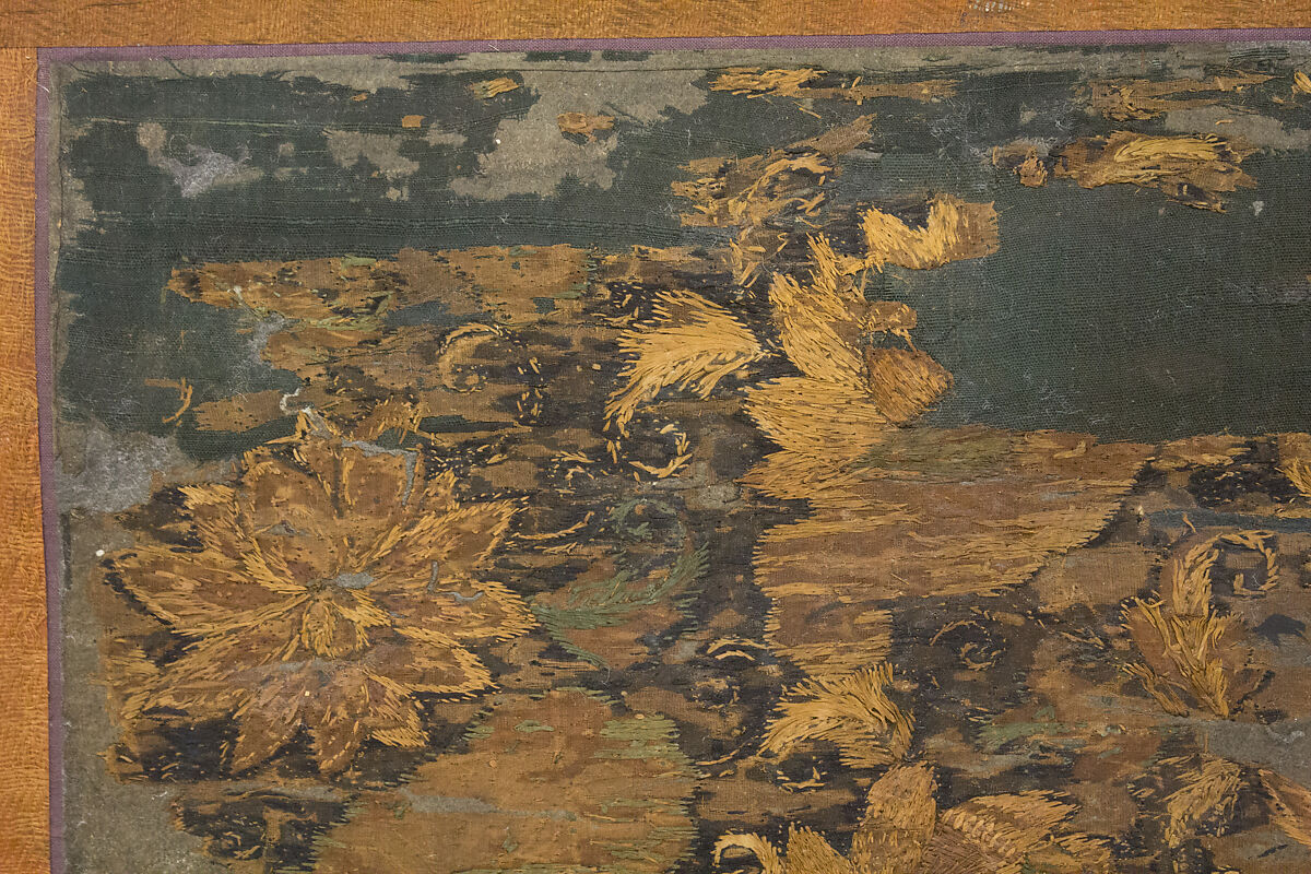 Amida Triad in the Form of Sacred Sanskrit Syllables, Hanging scroll; silk embroidery, gold-wrapped thread, and human hair, Japan