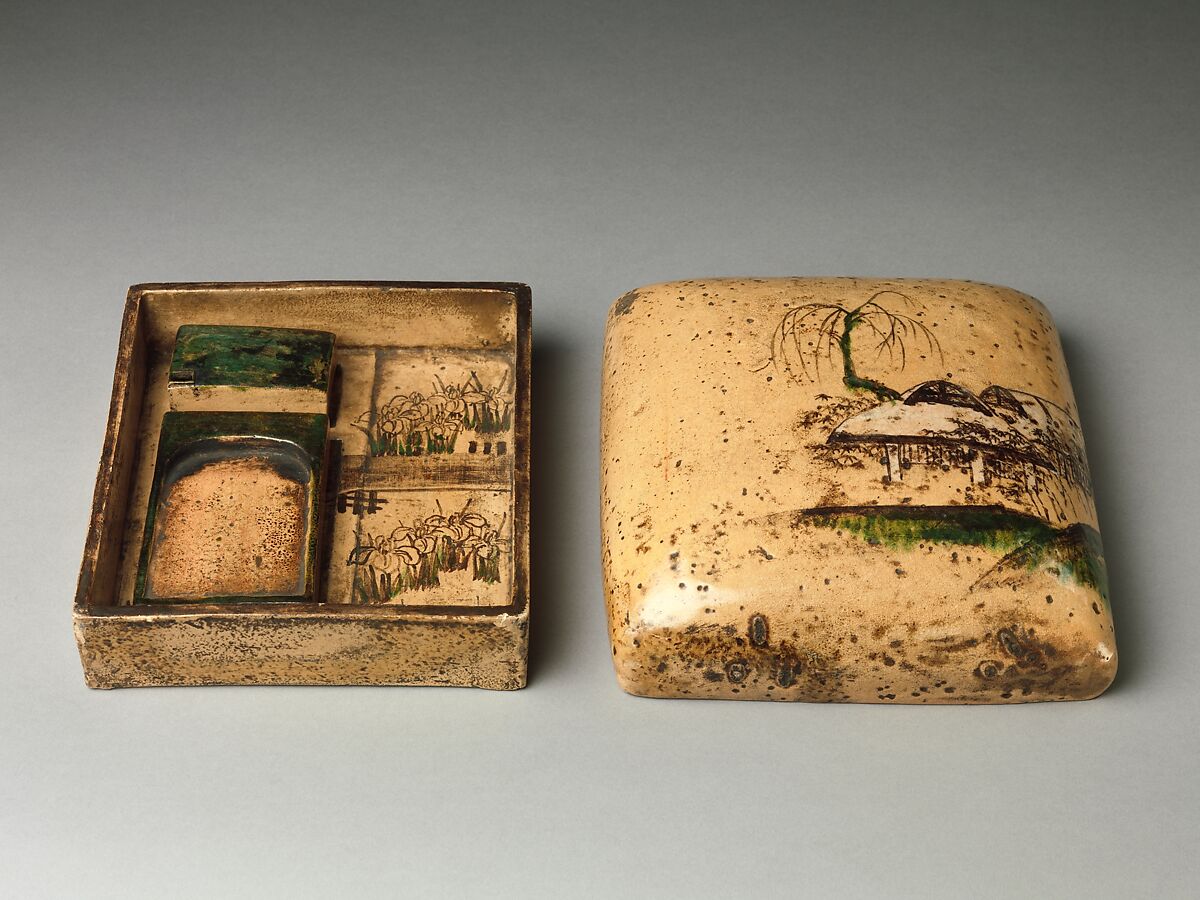 Writer's Box, In the style of Ogata Kenzan (Japanese, 1663–1743), Clay with crackled glaze, decorated on outside and inside (Kyoto ware, Kenzan style), Japan