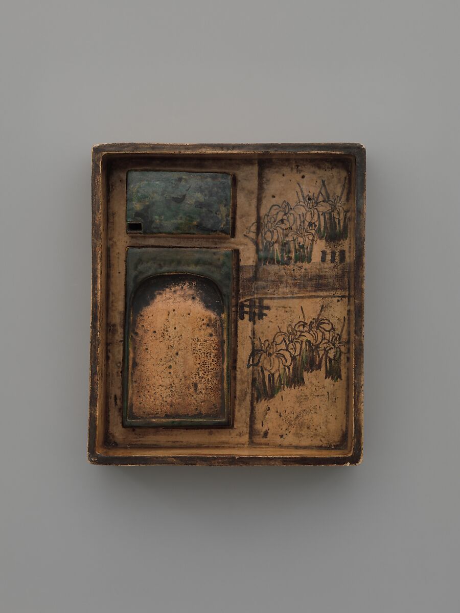 Writer's Box, In the style of Ogata Kenzan (Japanese, 1663–1743), Clay with crackled glaze, decorated on outside and inside (Kyoto ware, Kenzan style), Japan