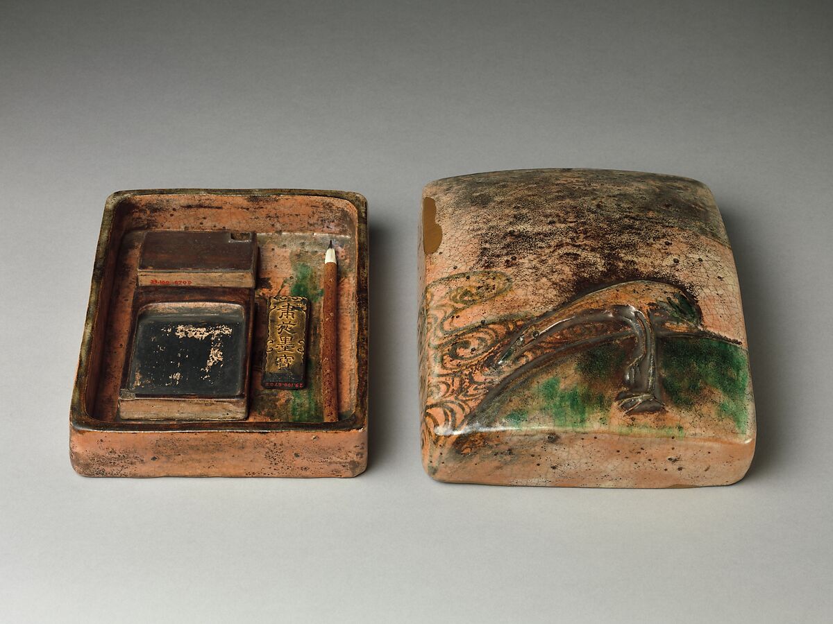 Writer's Box, In the style of Ogata Kenzan (Japanese, 1663–1743), Crackled glaze; design modelled in relief (Kyoto ware, Kenzan style), Japan 