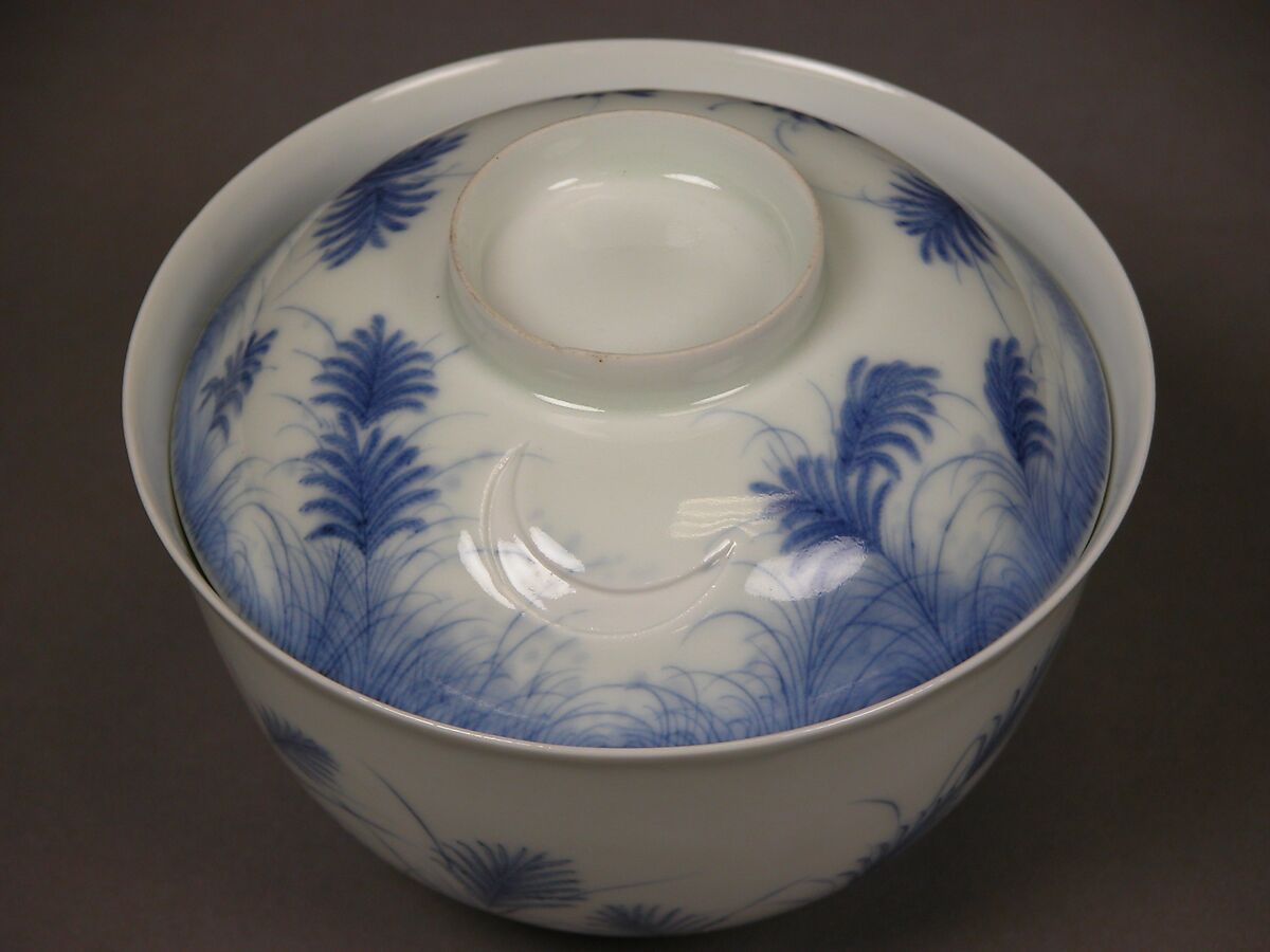 Covered Bowl with Design of Autumn Grass and Crescent Moon, Porcelain with underglaze blue (Hirado ware), Japan
