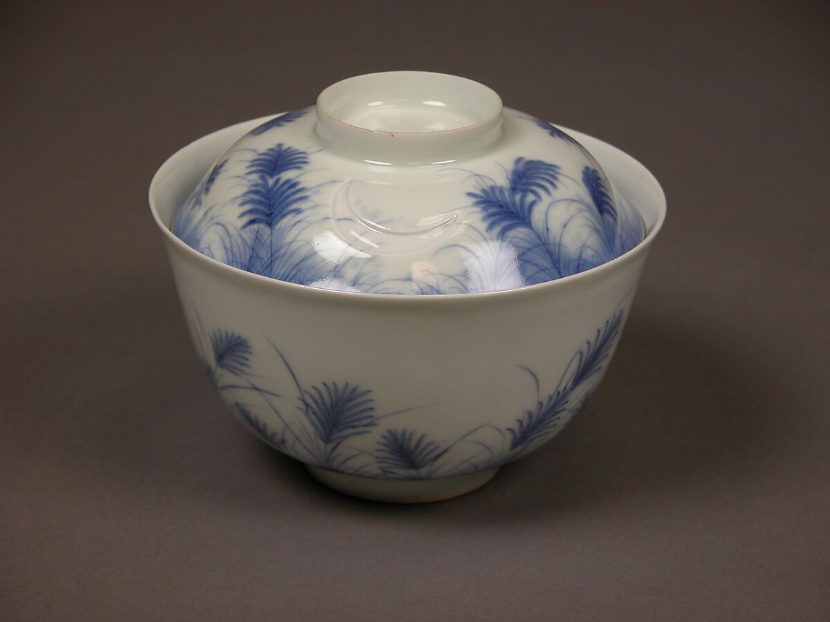 Covered Bowl with Design of Autumn Grass and Crescent Moon, Porcelain with underglaze blue (Hirado ware), Japan 