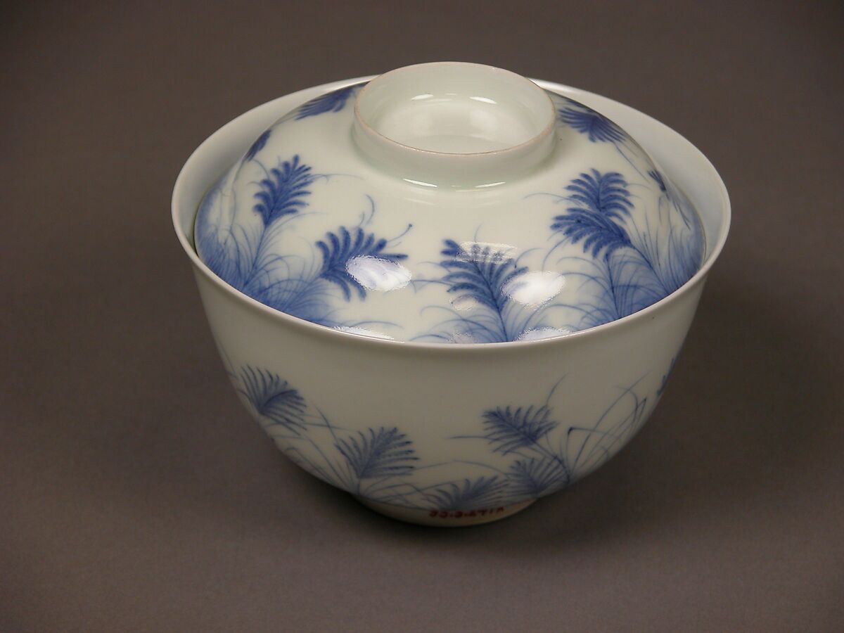 Covered Bowl with Design of Autumn Grass and Crescent Moon, Porcelain with underglaze blue (Hirado ware), Japan