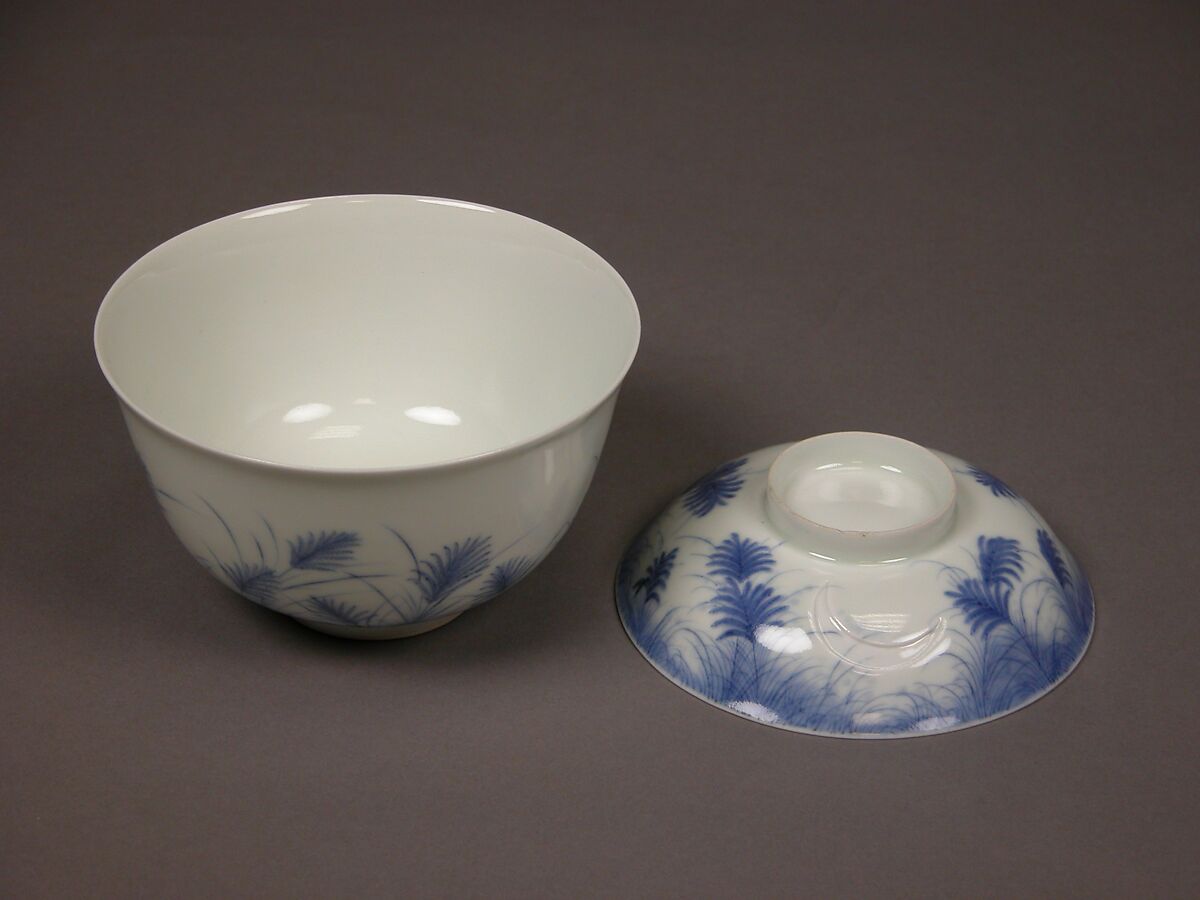 Covered Bowl with Design of Autumn Grass and Crescent Moon, Porcelain with underglaze blue (Hirado ware), Japan