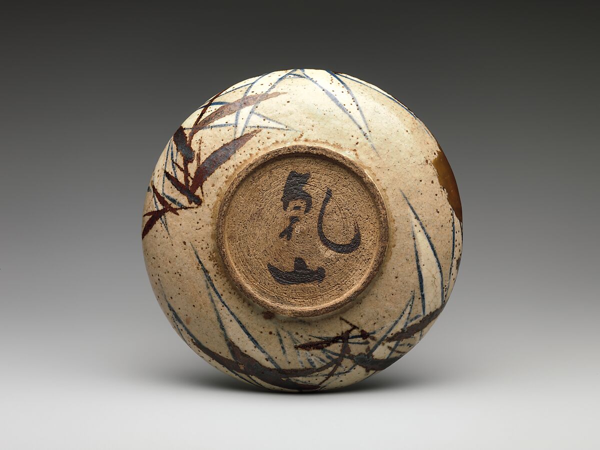 Dish with Bamboo Leaves, Style of Ogata Kenzan (Japanese, 1663–1743) (?), Stoneware painted with cream slip, cobalt blue, and iron brown under transparent glaze; gold lacquer repairs , Japan