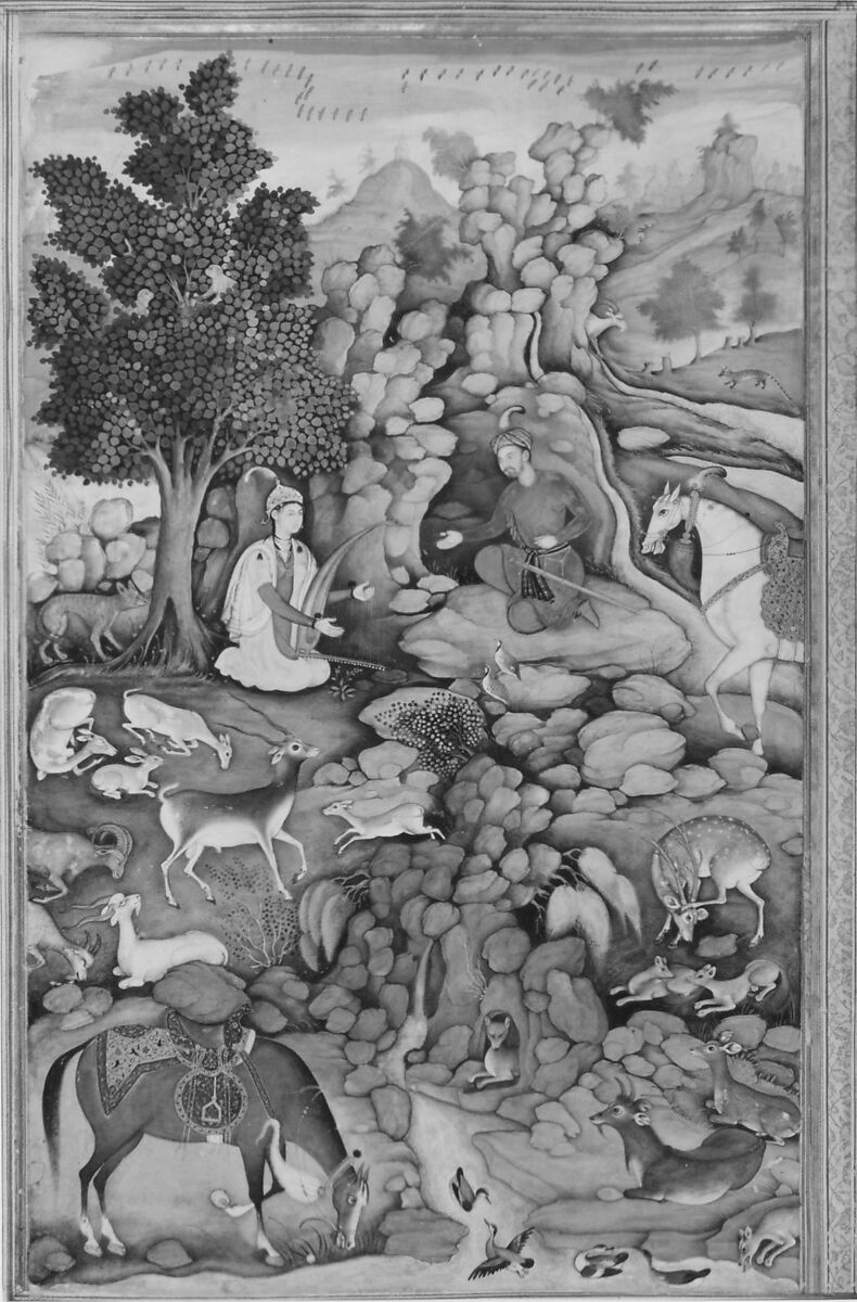 Hasht Bihisht from Khamsa (Quintet) of Amir Khusrau Dihlavi, Miskin (active ca. 1570–1604), Ink and opaque watercolor on paper