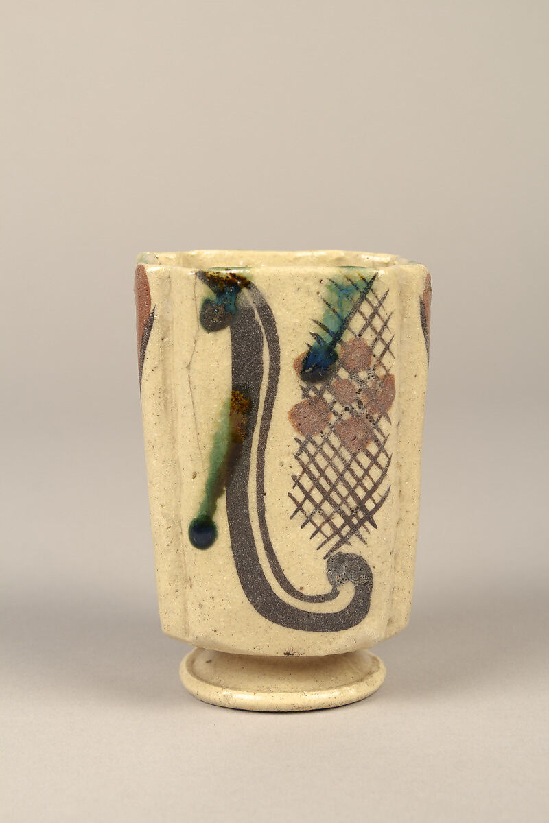 One from set of five squared food vessels (mukōzuke) for tea-gathering meal, Stoneware with iron-oxide and copper green overglaze decoration (Mino ware, Yashichida Oribe type), Japan