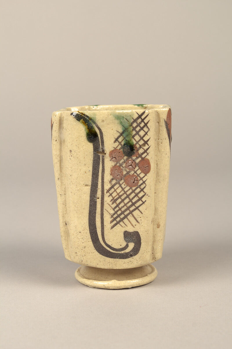 One from set of five squared food vessels (mukōzuke) for tea-gathering meal, Stoneware with iron-oxide and copper green overglaze decoration (Mino ware, Yashichida Oribe type), Japan