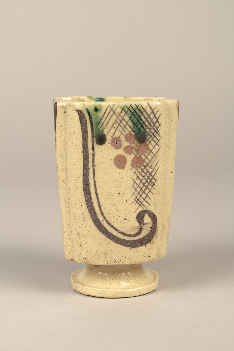 One from set of five squared food vessels (mukōzuke) for tea-gathering meal, Stoneware with iron-oxide and copper green overglaze decoration (Mino ware, Yashichida Oribe type), Japan
