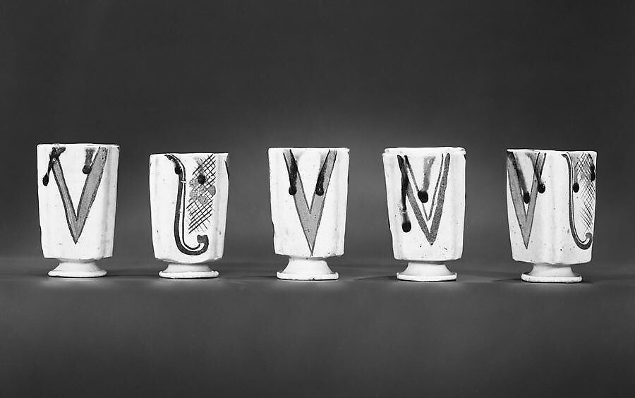 One from set of five squared food vessels (mukōzuke) for tea-gathering meal, Stoneware with iron-oxide and copper green overglaze decoration (Mino ware, Yashichida Oribe type), Japan