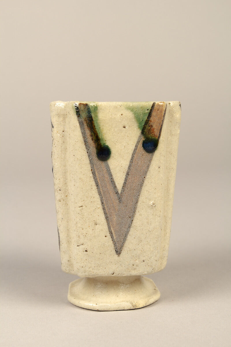 One from set of five squared food vessels (mukōzuke) for tea-gathering meal, Stoneware with iron-oxide and copper green overglaze decoration (Mino ware, Yashichida Oribe type), Japan