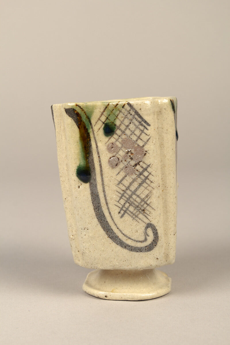 One from set of five squared food vessels (mukōzuke) for tea-gathering meal, Stoneware with iron-oxide and copper green overglaze decoration (Mino ware, Yashichida Oribe type), Japan