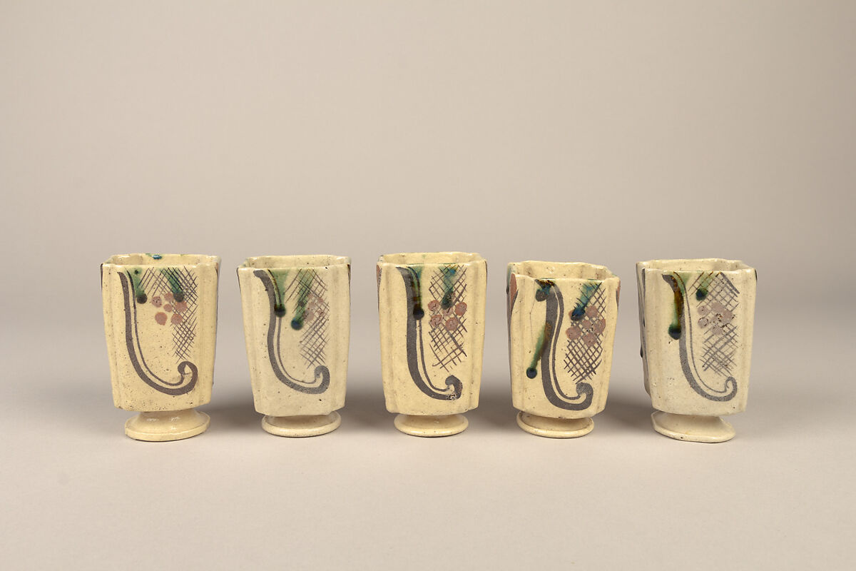 One from set of five squared food vessels (mukōzuke) for tea-gathering meal, Stoneware with iron-oxide and copper green overglaze decoration (Mino ware, Yashichida Oribe type), Japan