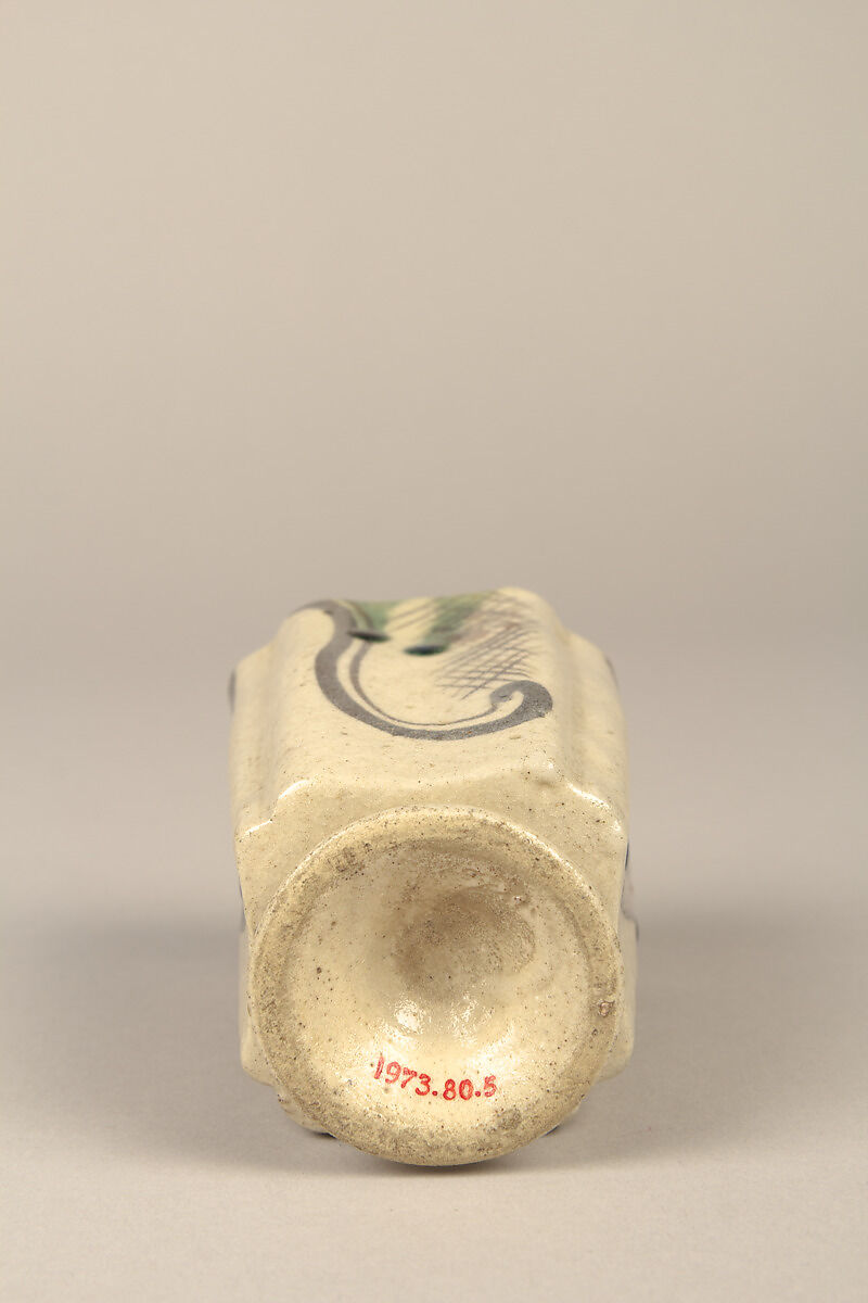 One from set of five squared food vessels (mukōzuke) for tea-gathering meal, Stoneware with iron-oxide and copper green overglaze decoration (Mino ware, Yashichida Oribe type), Japan