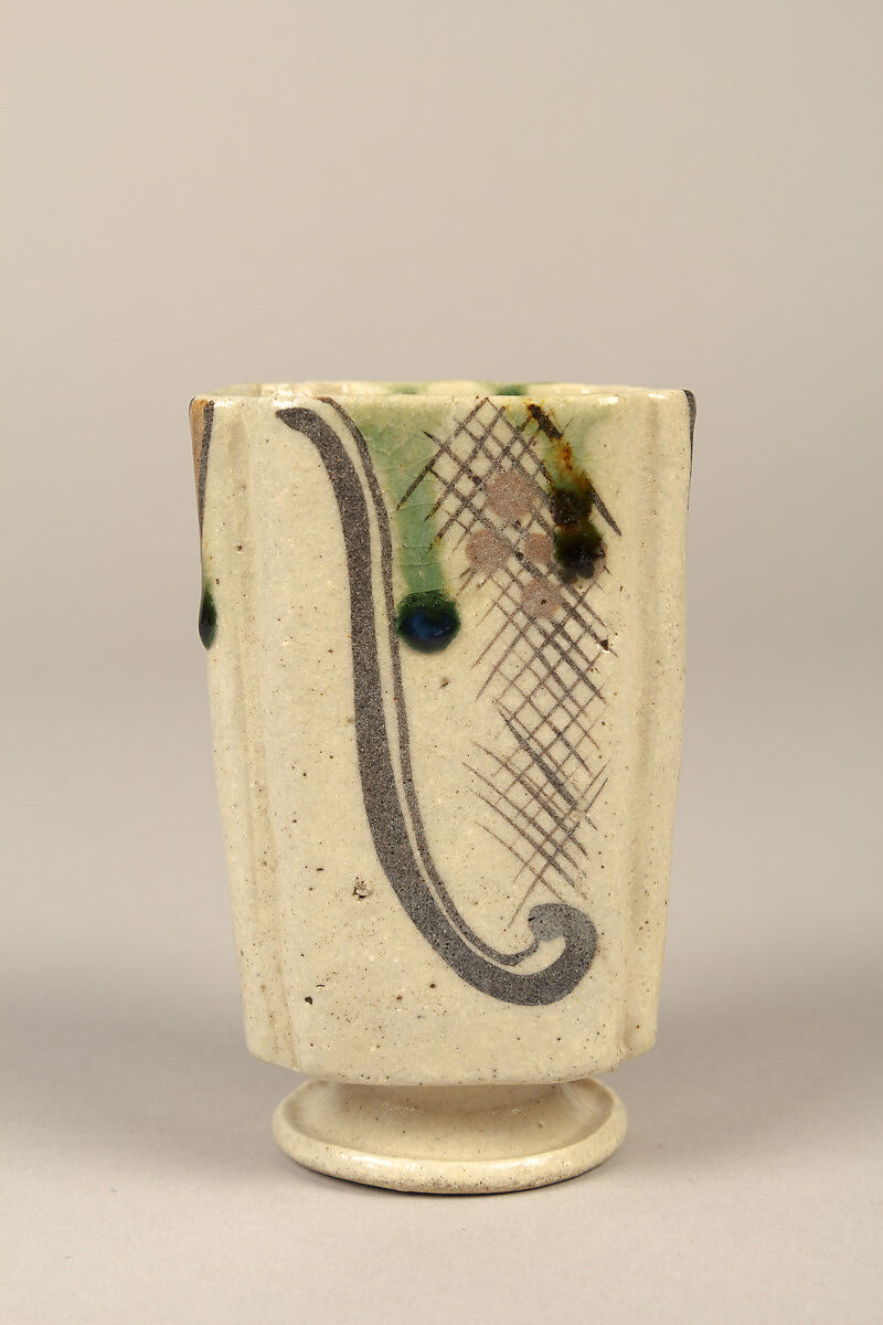 One from set of five squared food vessels (mukōzuke) for tea-gathering meal, Stoneware with iron-oxide and copper green overglaze decoration (Mino ware, Yashichida Oribe type), Japan