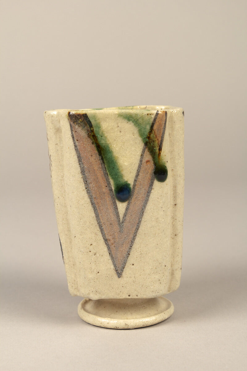 One from set of five squared food vessels (mukōzuke) for tea-gathering meal, Stoneware with iron-oxide and copper green overglaze decoration (Mino ware, Yashichida Oribe type), Japan