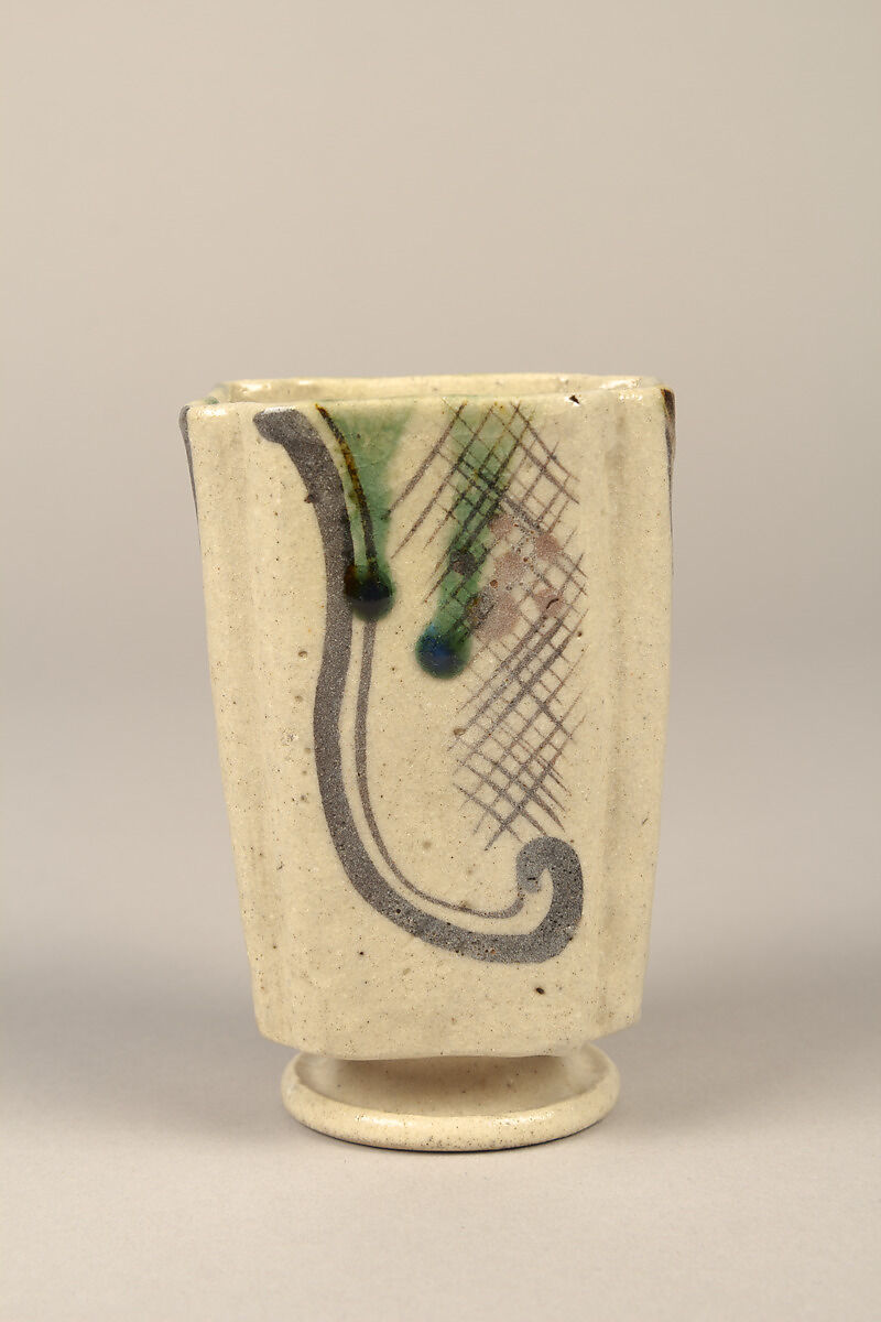 One from set of five squared food vessels (mukōzuke) for tea-gathering meal, Stoneware with iron-oxide and copper green overglaze decoration (Mino ware, Yashichida Oribe type), Japan
