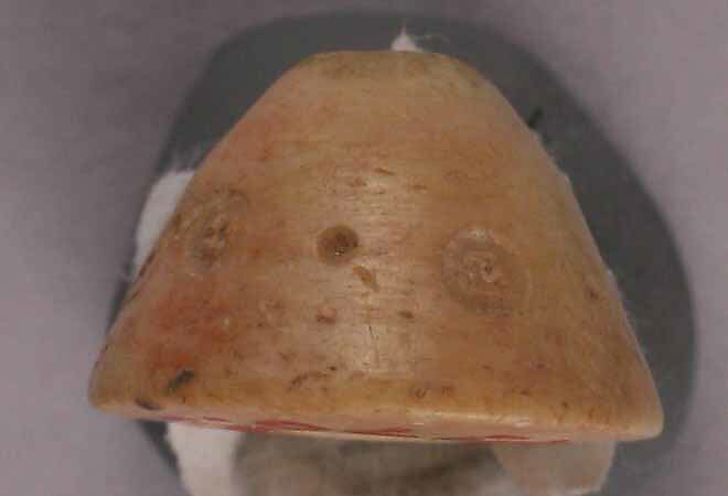 Button or Bead, Bone; tinted, incised, and inlaid with paint