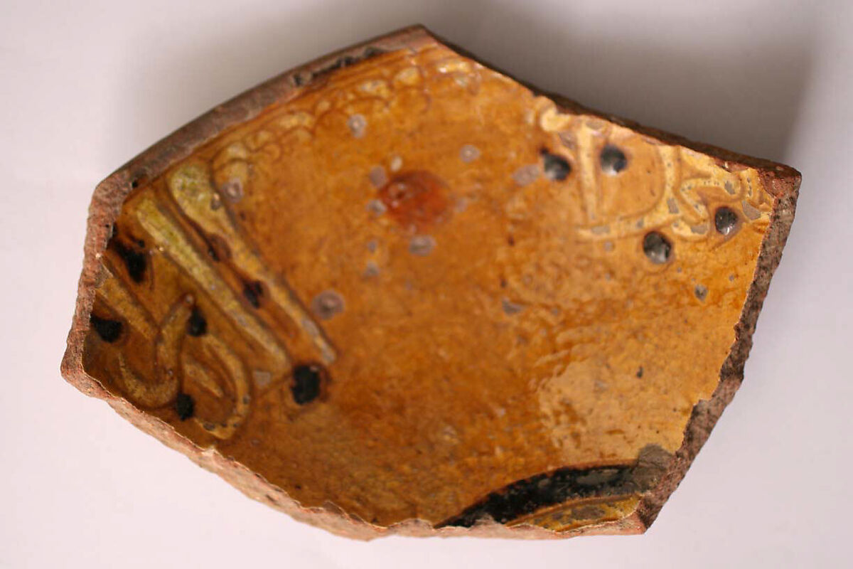 Ceramic Fragment, Earthenware; incised decoration through white slip and coloring under transparent glaze