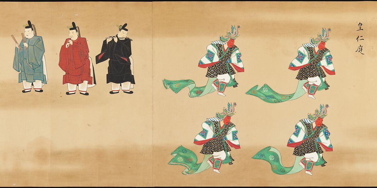 Bugaku Imperial Court Dance, Handscroll from set of two; ink, color, and gold on paper, Japan