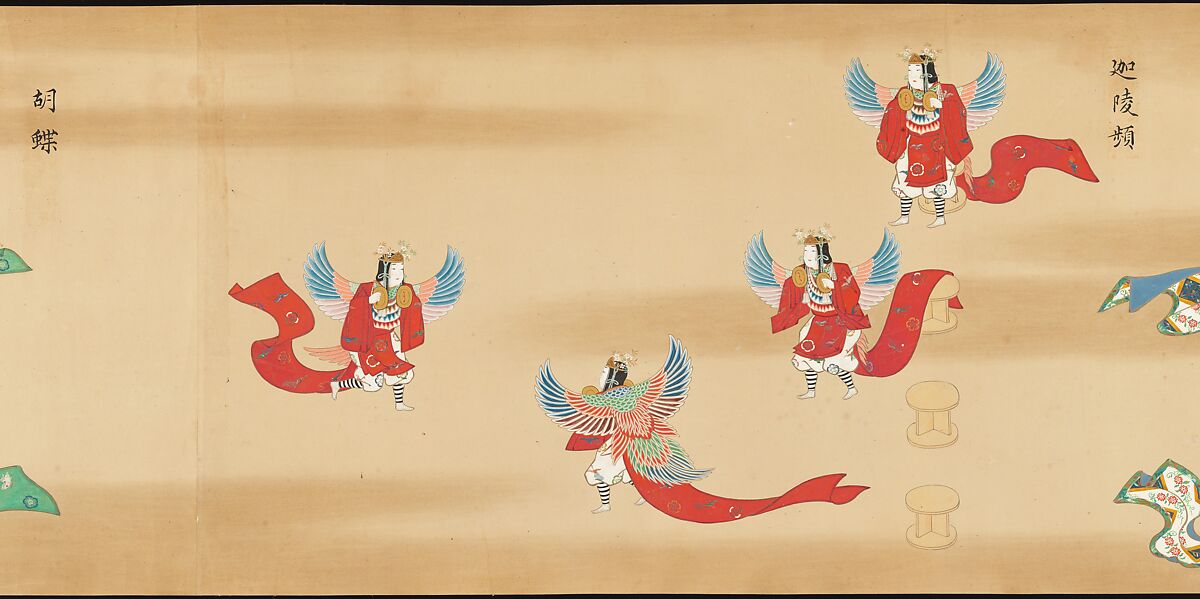 Bugaku Imperial Court Dance, Handscroll from set of two; ink, color, and gold on paper, Japan