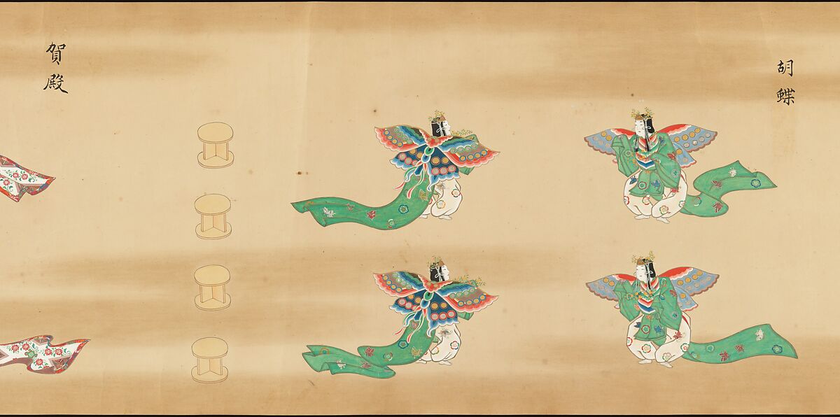 Bugaku Imperial Court Dance, Handscroll from set of two; ink, color, and gold on paper, Japan