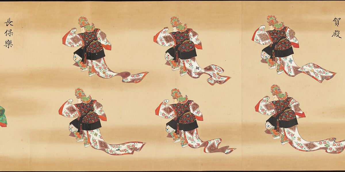Bugaku Imperial Court Dance, Handscroll from set of two; ink, color, and gold on paper, Japan