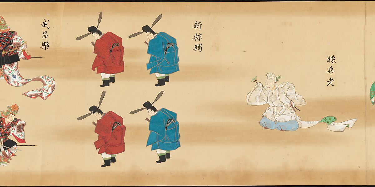 Bugaku Imperial Court Dance, Handscroll from set of two; ink, color, and gold on paper, Japan