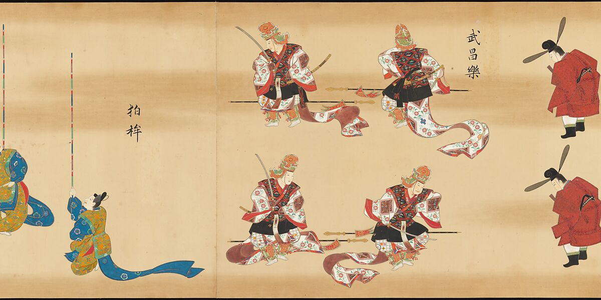 Bugaku Imperial Court Dance, Handscroll from set of two; ink, color, and gold on paper, Japan