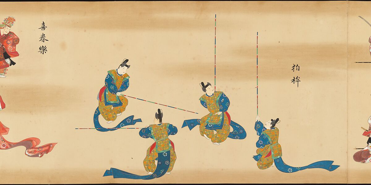Bugaku Imperial Court Dance, Handscroll from set of two; ink, color, and gold on paper, Japan