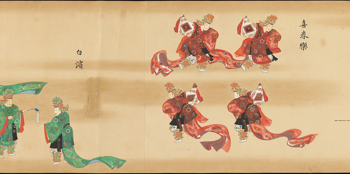 Bugaku Imperial Court Dance, Handscroll from set of two; ink, color, and gold on paper, Japan