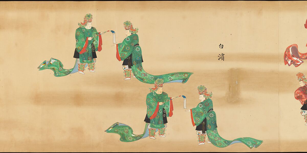 Bugaku Imperial Court Dance, Handscroll from set of two; ink, color, and gold on paper, Japan