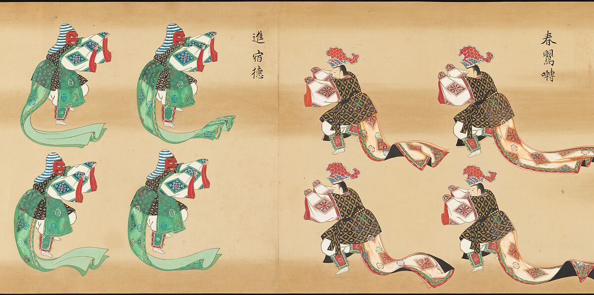 Bugaku Imperial Court Dance, Handscroll from set of two; ink, color, and gold on paper, Japan