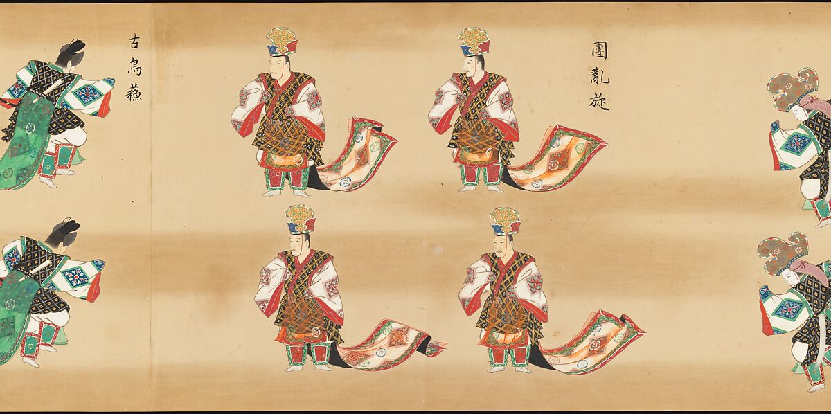 Bugaku Imperial Court Dance, Handscroll from set of two; ink, color, and gold on paper, Japan