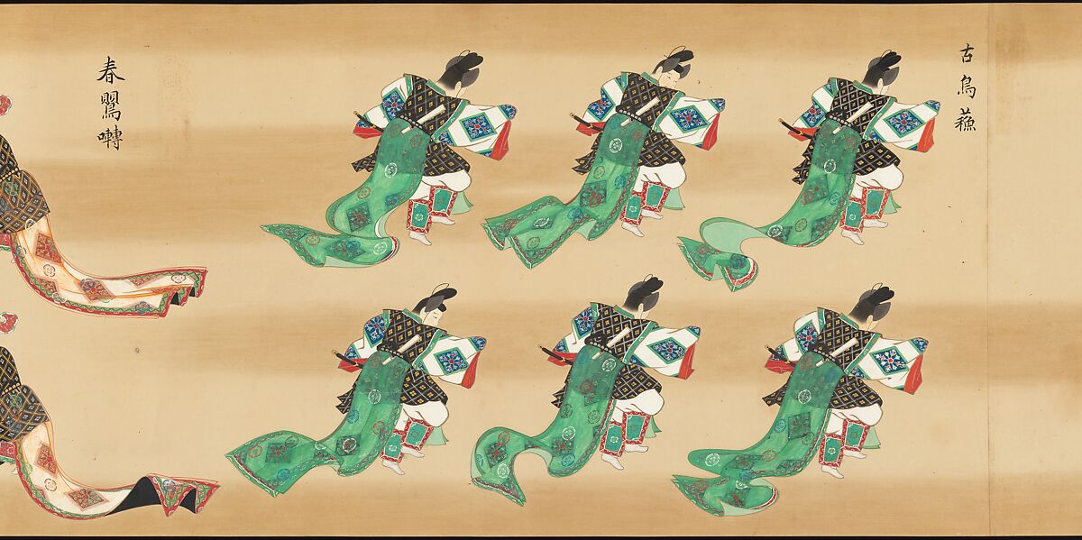 Bugaku Imperial Court Dance, Handscroll from set of two; ink, color, and gold on paper, Japan
