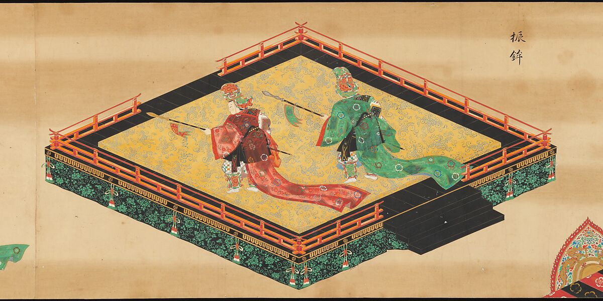 Bugaku Imperial Court Dance, Handscroll from set of two; ink, color, and gold on paper, Japan